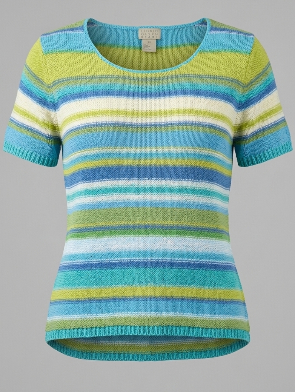 Vintage Sigrid Olsen Sport Pastel Blue Short Sleeve Striped Knit Cotton Top Sz M